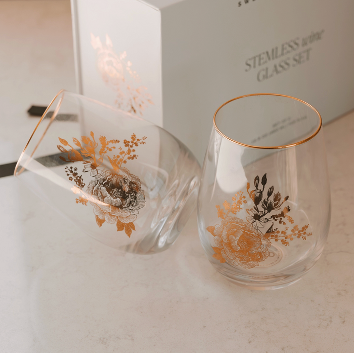 Delft Stemless Wine Glasses, Boxed Set of 2