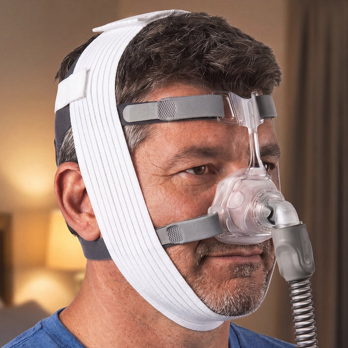 Man wearing a CPAP mask with a blurred indoor background