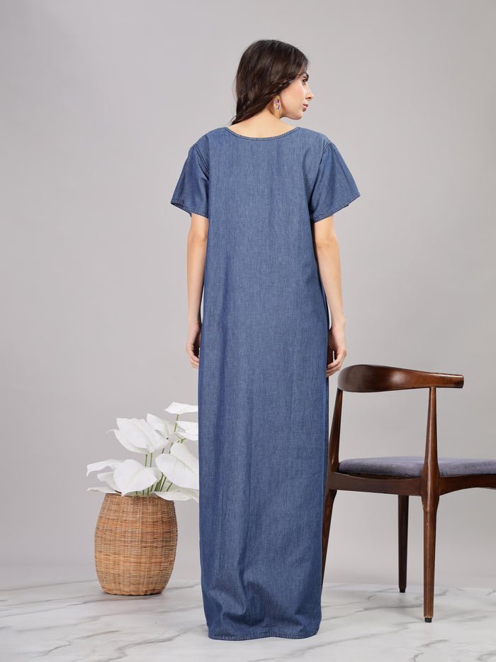 Embroidered Denim Blue Soft Cotton Maxi Nighty