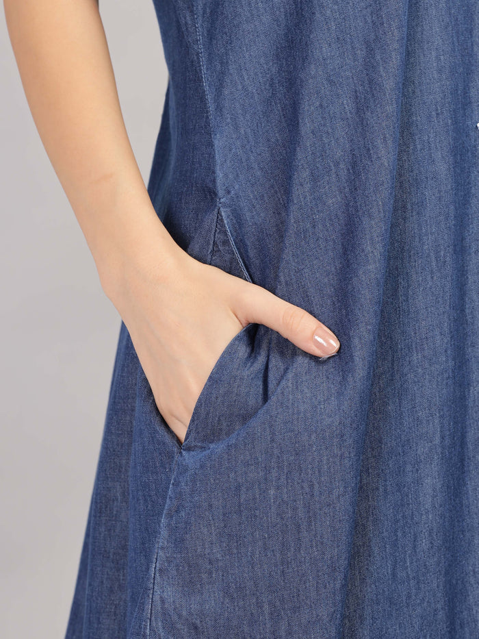 Embroidered Denim Blue Soft Cotton Maxi Nighty