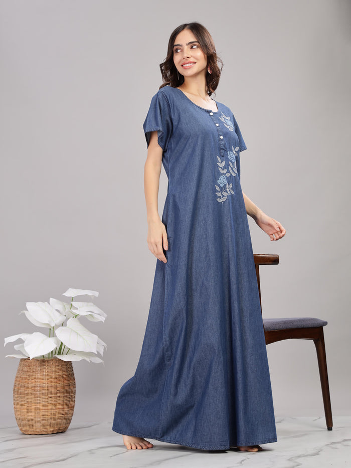 Embroidered Denim Blue Soft Cotton Maxi Nighty