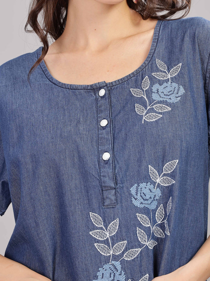 Embroidered Denim Blue Soft Cotton Maxi Nighty