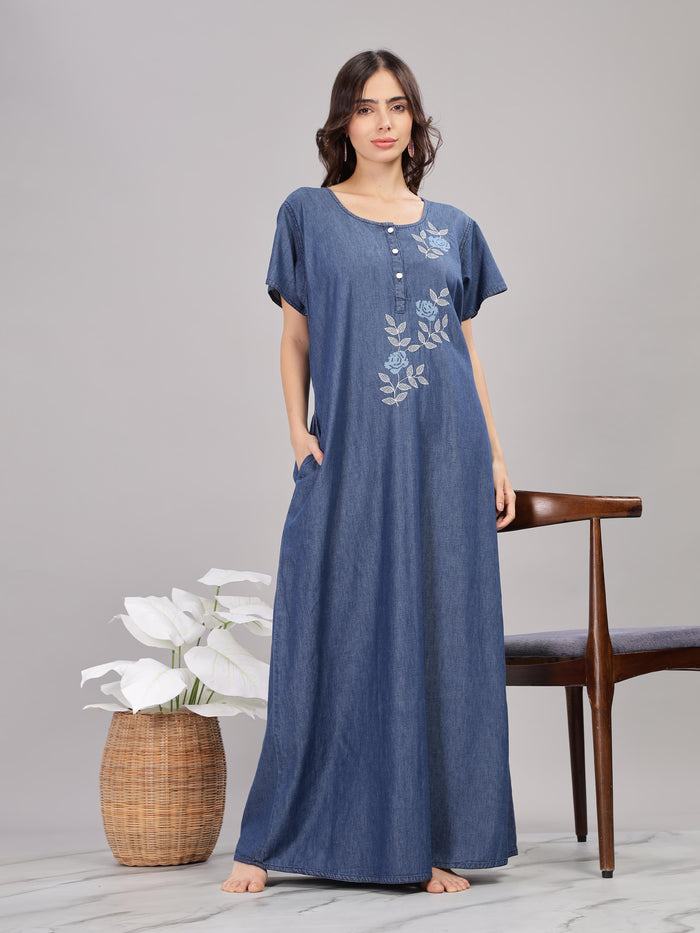 Embroidered Denim Blue Soft Cotton Maxi Nighty