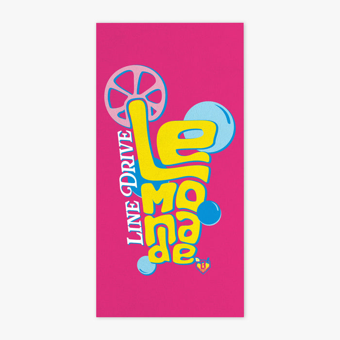 Adult model wearing pink towel with "Electric Lemonade" design