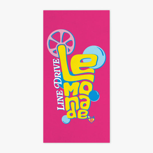 Adult model wearing pink towel with "Electric Lemonade" design