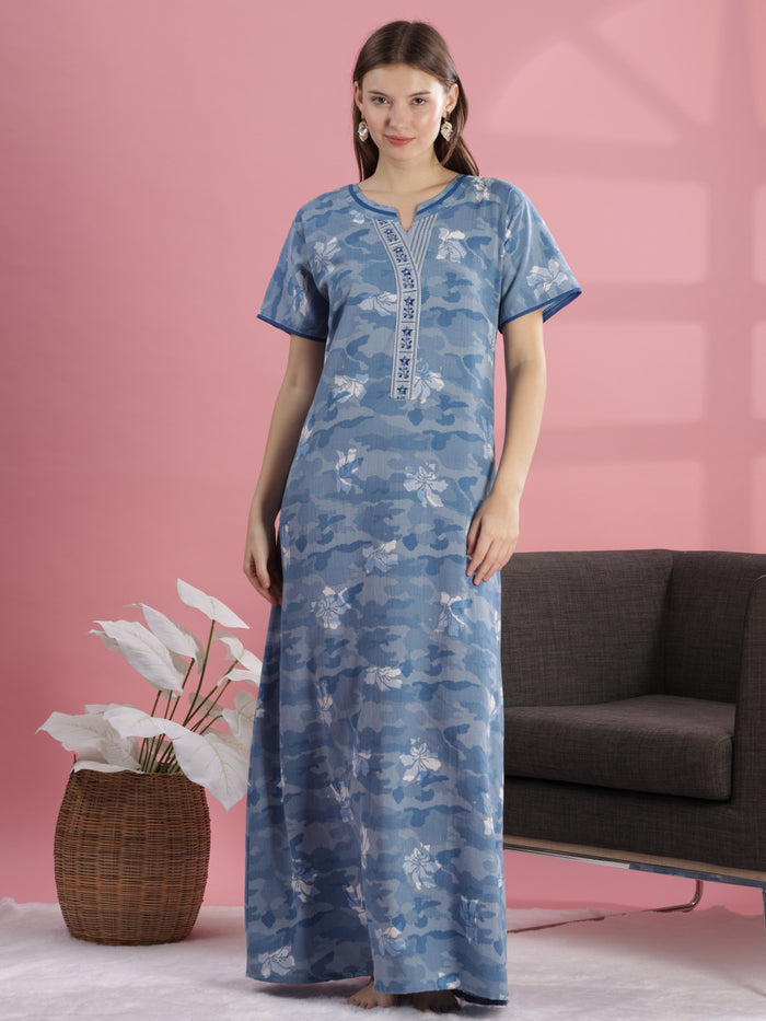 Premium Blue Floral Print Crush Cotton Night dress for Women