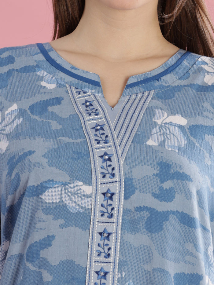 Premium Blue Floral Print Crush Cotton Night dress for Women