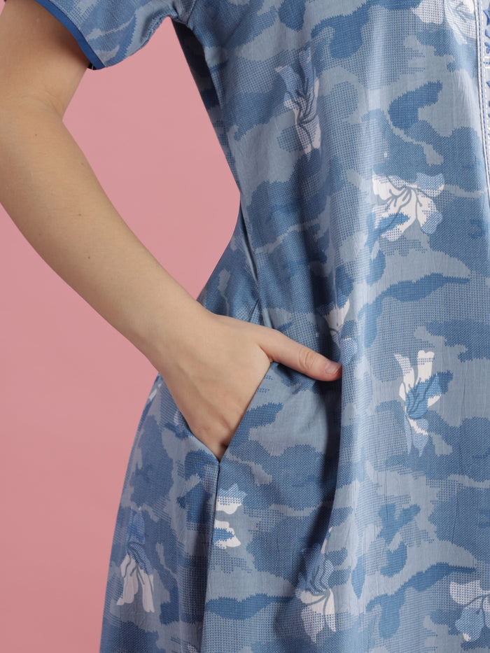 Premium Blue Floral Print Crush Cotton Night dress for Women