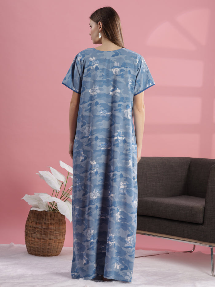 Premium Blue Floral Print Crush Cotton Night dress for Women