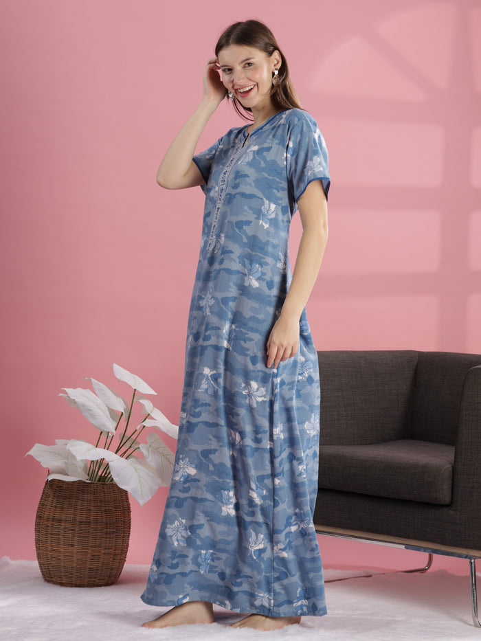 Premium Blue Floral Print Crush Cotton Night dress for Women