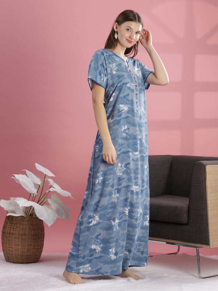 Premium Blue Floral Print Crush Cotton Night dress for Women