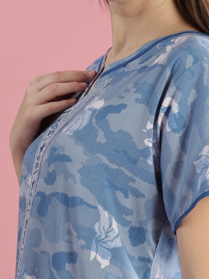 Premium Blue Floral Print Crush Cotton Night dress for Women