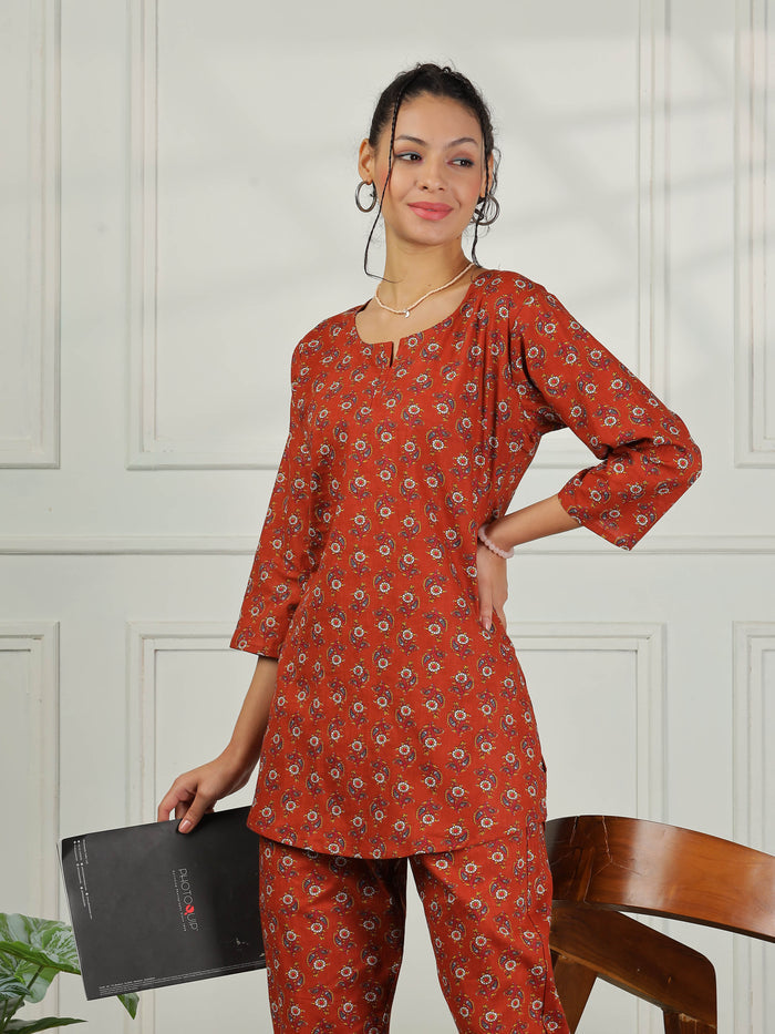 Relaxed Fit Brown Cotton Pajama Set for Women