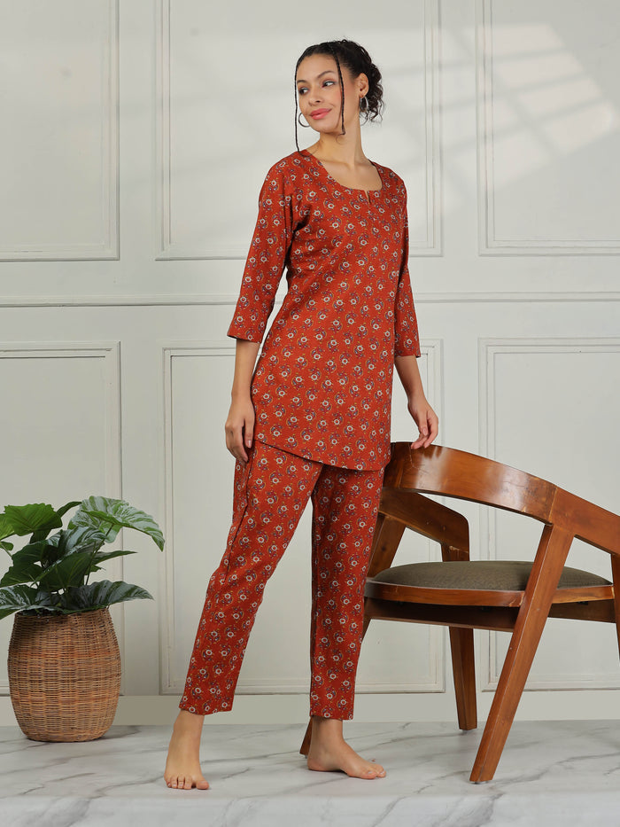 Relaxed Fit Brown Cotton Pajama Set for Women