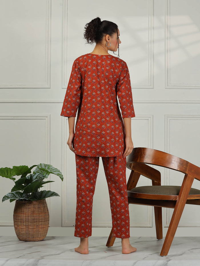 Relaxed Fit Brown Cotton Pajama Set for Women