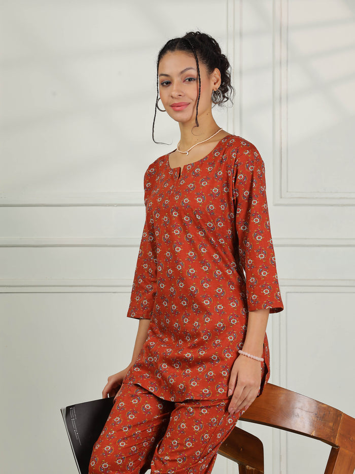 Relaxed Fit Brown Cotton Pajama Set for Women