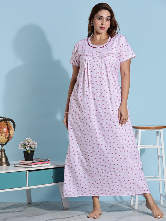 Light Pink Pleated Cotton Night dress for Women