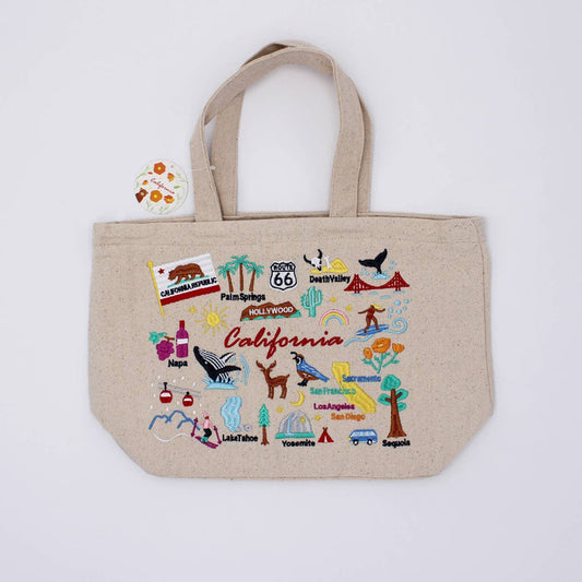 Embroidered California lunch bag, beige canvas with colorful map icons and handles