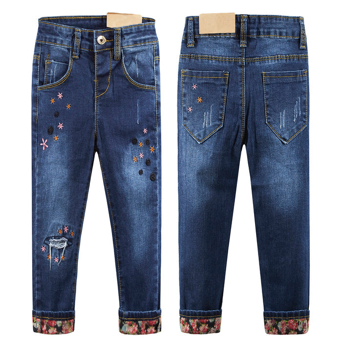 Embroidered Elastic Waist Band Cute Slim Jeans