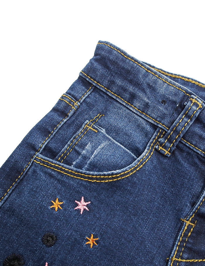 Embroidered Elastic Waist Band Cute Slim Jeans