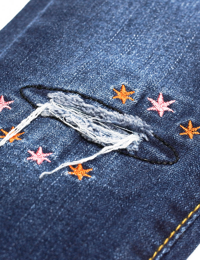 Embroidered Elastic Waist Band Cute Slim Jeans