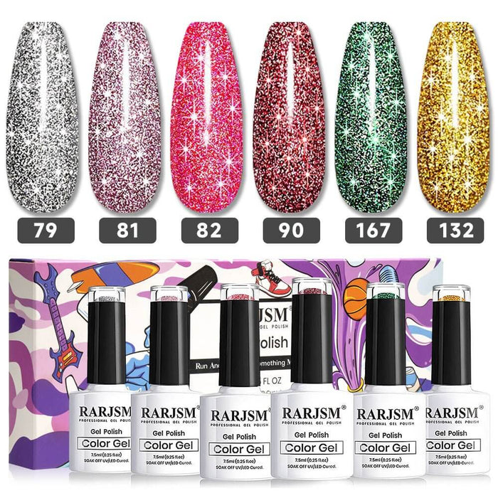 RARJSM explosion diamond gel polish 6 bottles set color gel swatches TPO HEMA free EU certified safe vegan 7.5ml