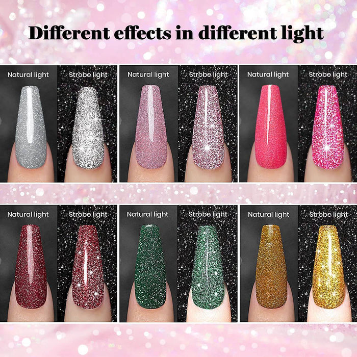 Diamond glitter gel polish dual light effect natural light vs strobe flash reflective sparkle comparison 6 colors