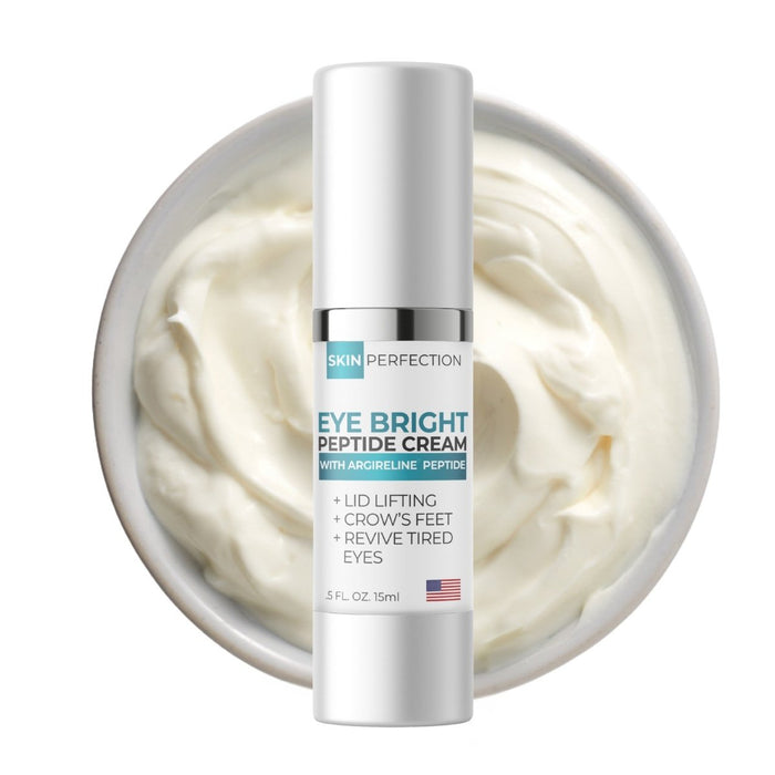 Eye bright peptide cream bottle with a bowl of cream lotion on a white background