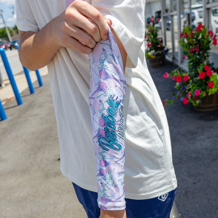 Adult model wearing sleeve with "Fastball Scoops Arm Sleeve" design