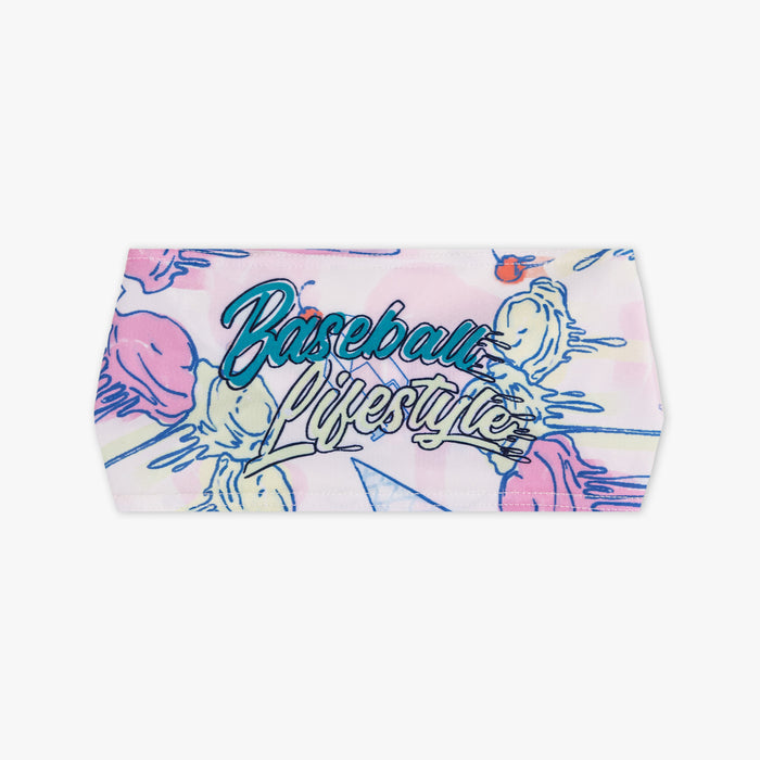 Adult model wearing headband with "Fastball Scoops Headband" design