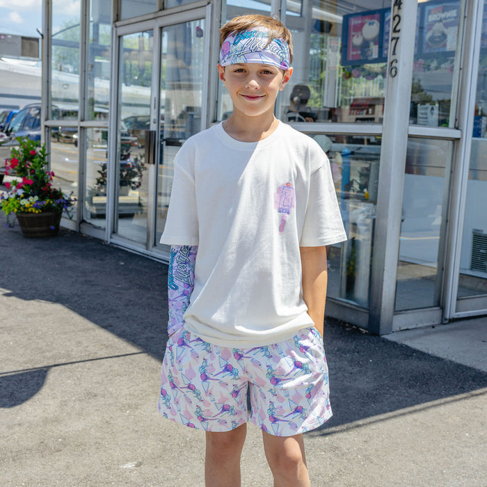 Adult model wearing headband with "Fastball Scoops Headband" design