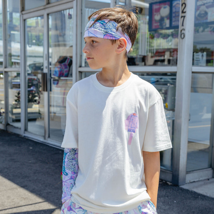 Adult model wearing headband with "Fastball Scoops Headband" design
