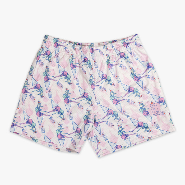 Adult model wearing shorts with "Fastball Scoops" design