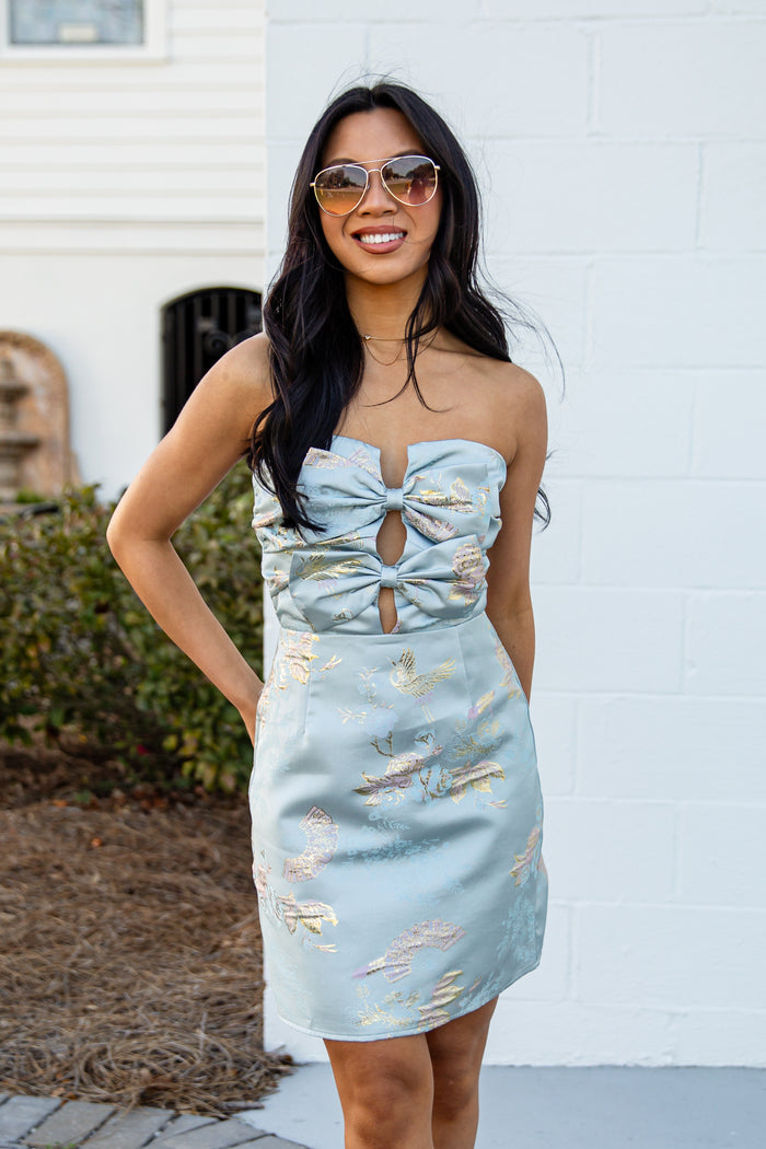 FINAL SALE - Event Ready Elegance Bow Blue Mini Dress