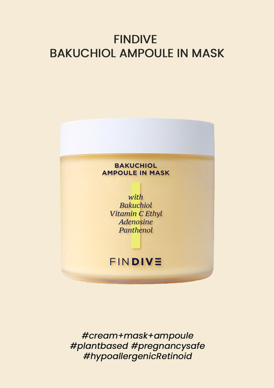 A jar of FINDIVE Bakuchiol Ampoule in Mask, with the product details and hashtags visible on the label.