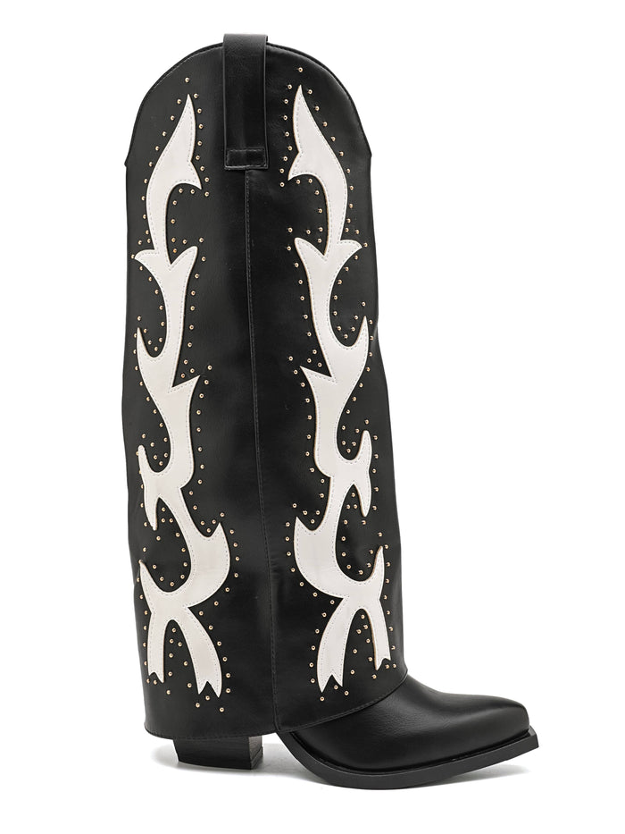 Flame Stud Western Knee Boots — Black