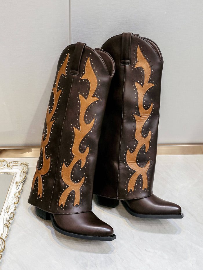 Flame Stud Western Knee Boots — Brown