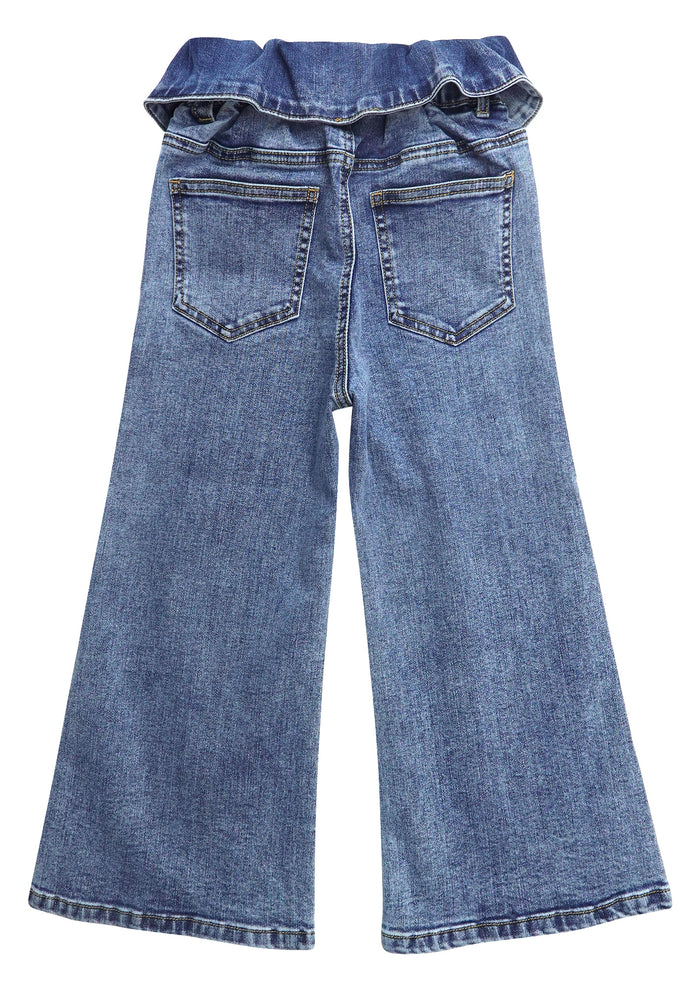 Flounced Girls Wide-leg Stretch Denim Pants, 5-14T Ribbed Elastic Waist with Chain Jeans