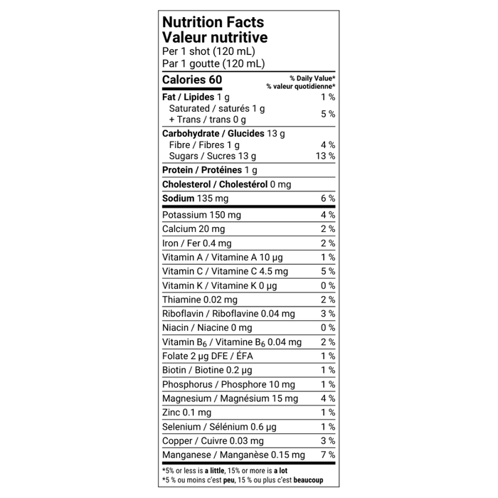 Village Juicery Focus Shot Nutrition Facts Table