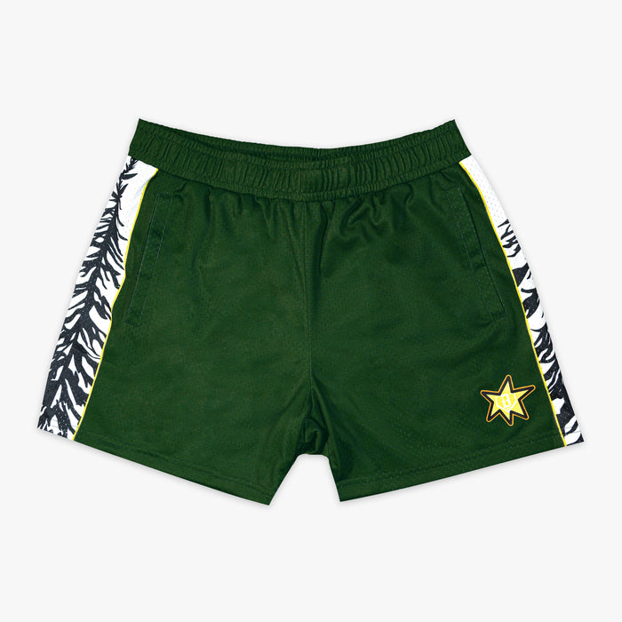 Forest Youth Shorts baseball forest green pine tree side panels gold star screen print camping