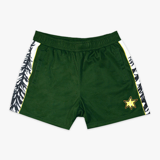 Forest Youth Shorts baseball forest green pine tree side panels gold star screen print camping