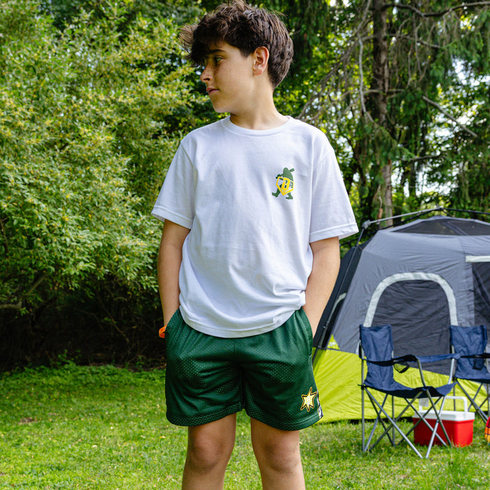 Forest Youth Shorts baseball pine tree side panels gold star campsite camping outfit