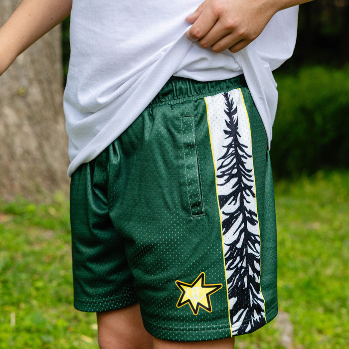 Forest Shorts baseball pine tree side panels gold star nature camping
