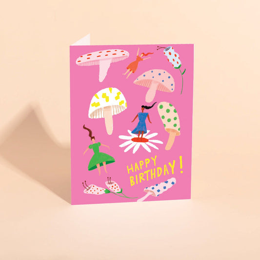 Birthday card with colorful mushroom illustration and "Happy Birthday!" text