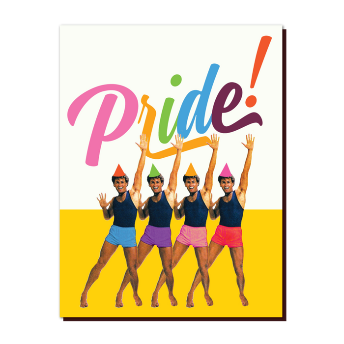 Pride poster with colorful text and four dancers with raised arms