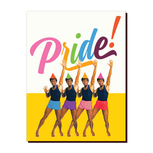 Pride poster with colorful text and four dancers with raised arms