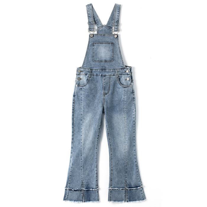 Girls Denim Overalls,2 Layers Raw Edge Hem Squared Pockets Jean Dungarees Pants
