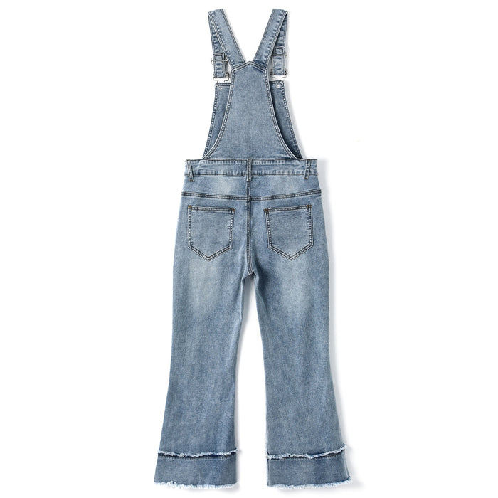 Girls Denim Overalls,2 Layers Raw Edge Hem Squared Pockets Jean Dungarees Pants