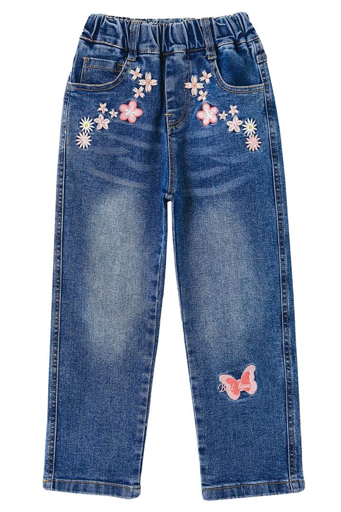 Girls Jeans, Ribbed Elastic Waist Embroidered Denim Pants