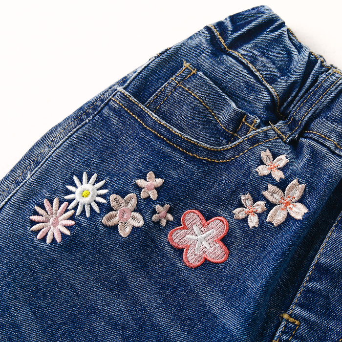 Girls Jeans, Ribbed Elastic Waist Embroidered Denim Pants